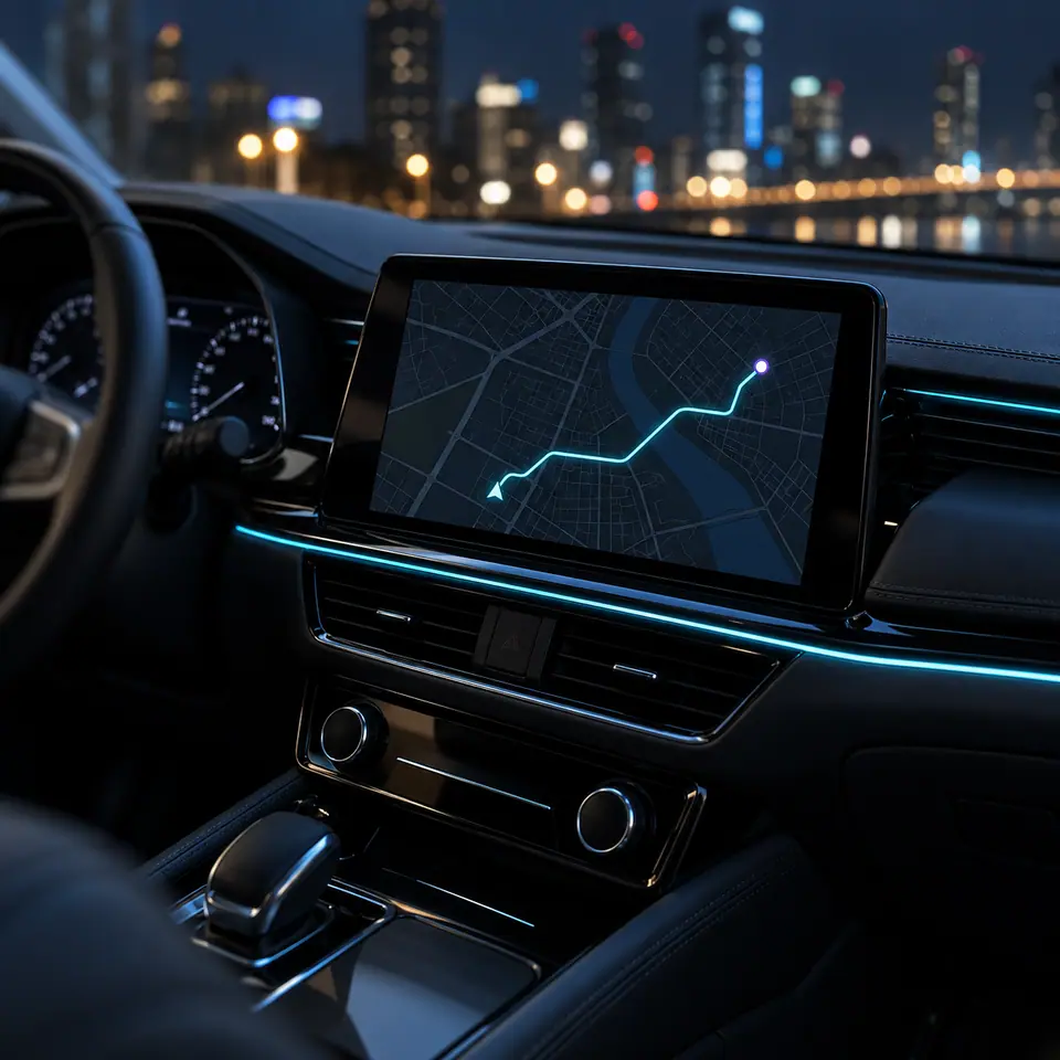 Illustration : écran tactile avec navigation dans un tableau de bord, de nuit